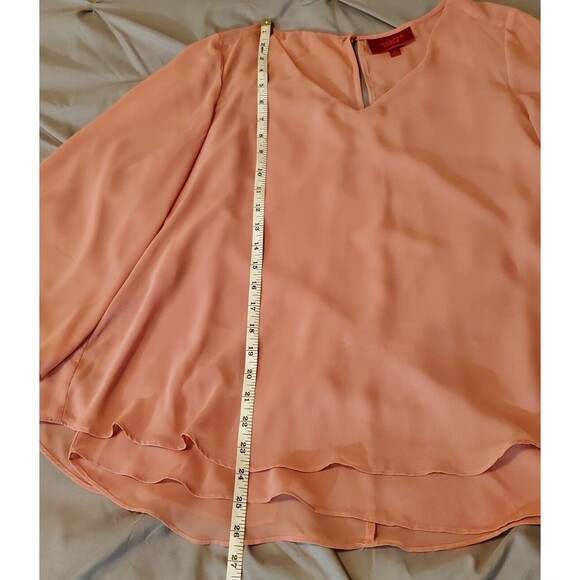 Women's Pink Semi Sheer Boho Blouse Size M Long Flounce Flowy Sleeve V-Neck - Picture 3 of 9